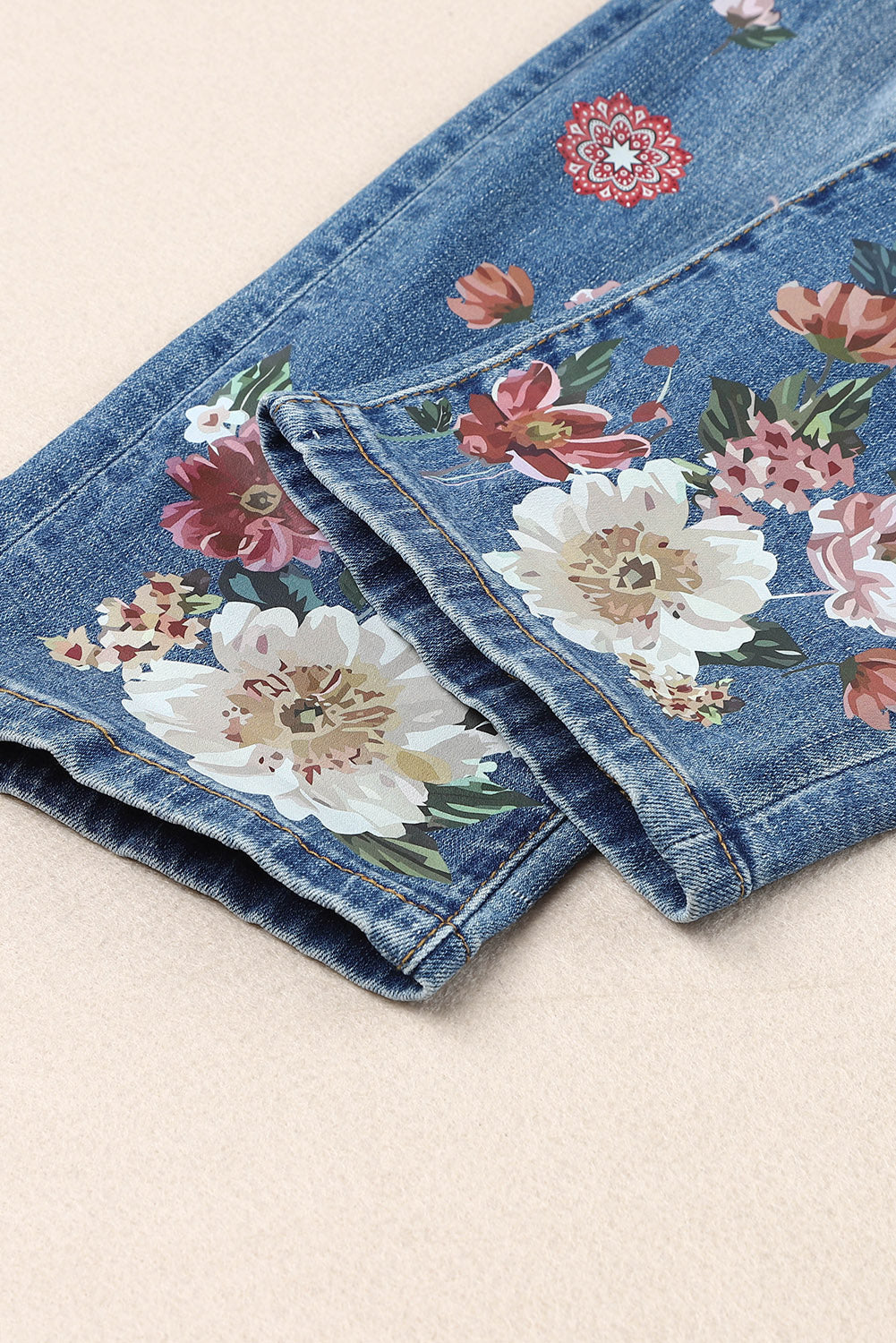 Floral Graphic Patchwork Distressed Jeans Trendsi