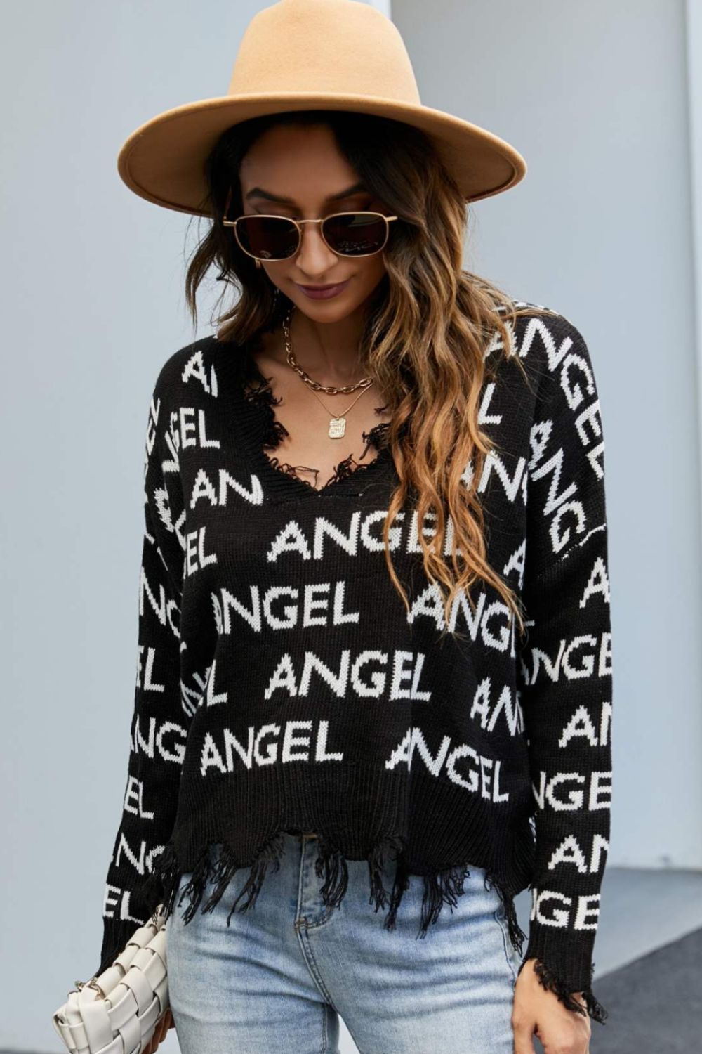 ANGEL Distressed V-Neck Dropped Shoulder Sweater - Black / S Apparel & Accessories Girl Code