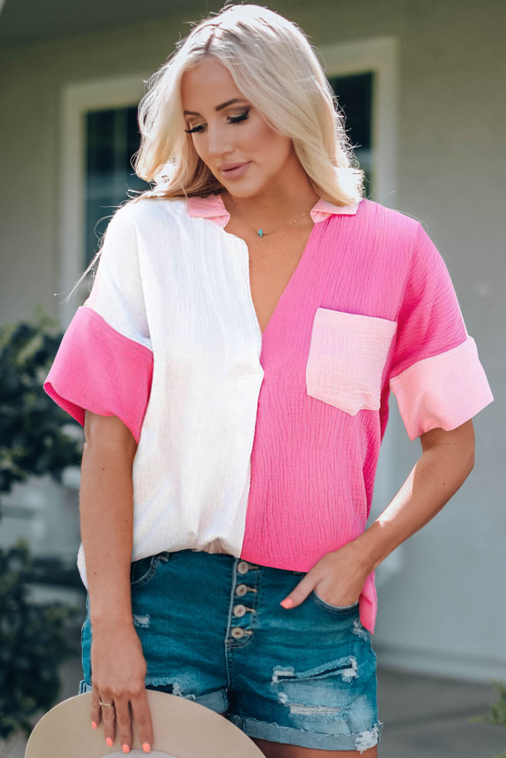 Color Block Textured Johnny Collar Blouse - Hot Pink / S Girl Code