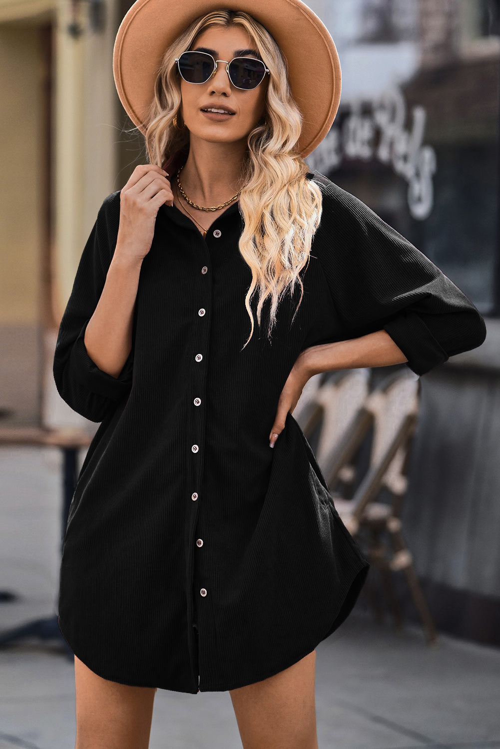 Button Front Curved Hem Raglan Sleeve Shirt Dress - Black / M Girl Code