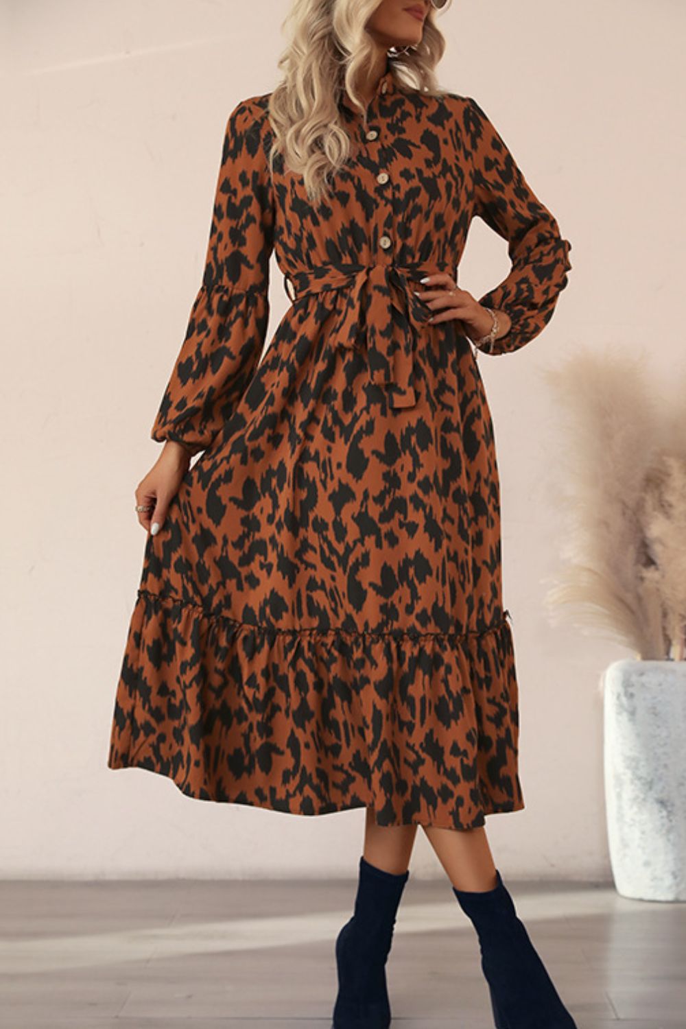 Printed Bubble Sleeve Buttoned Shirt Dress Trendsi