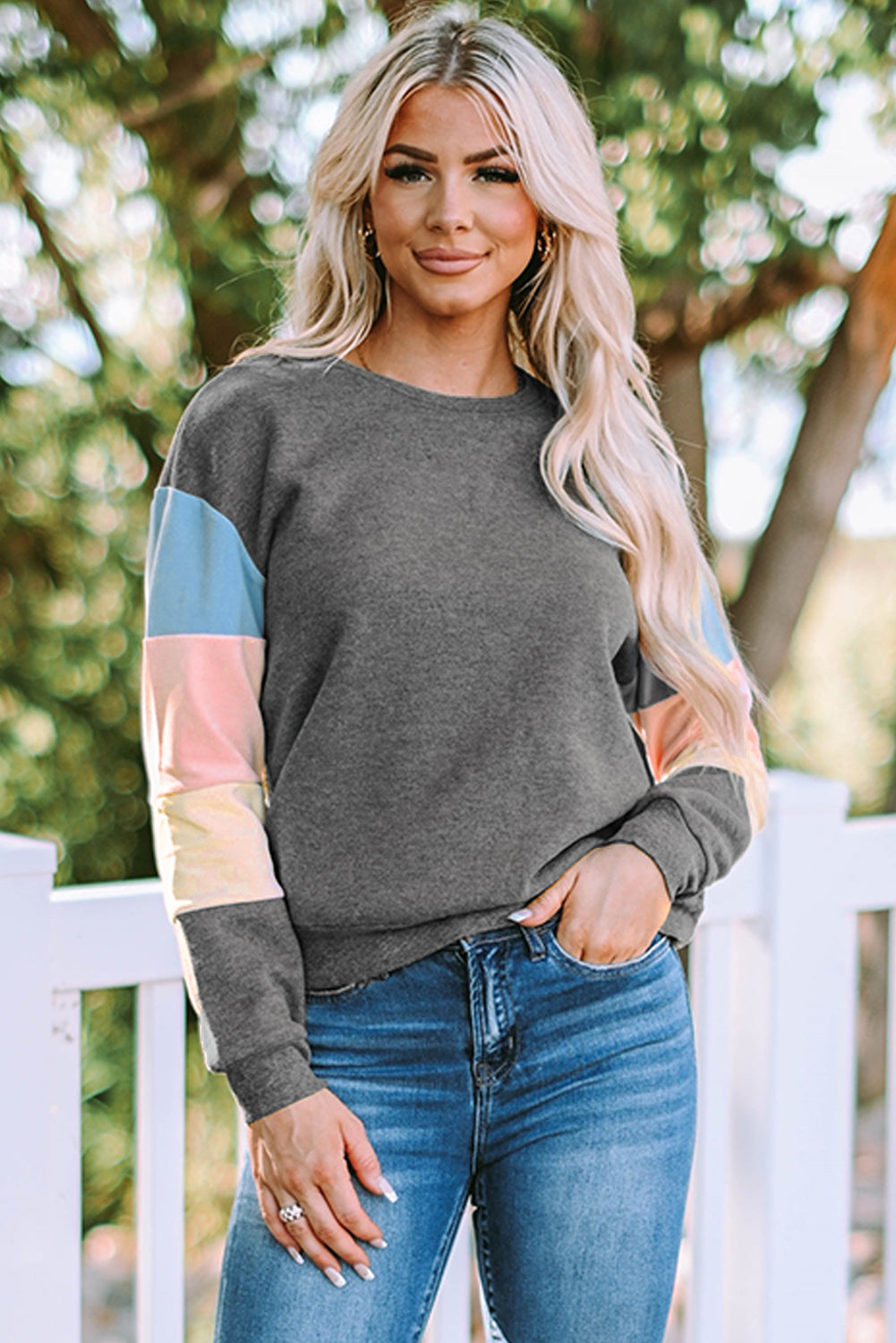Color Block Ribbed Trim Sweatshirt - Gray / S Girl Code