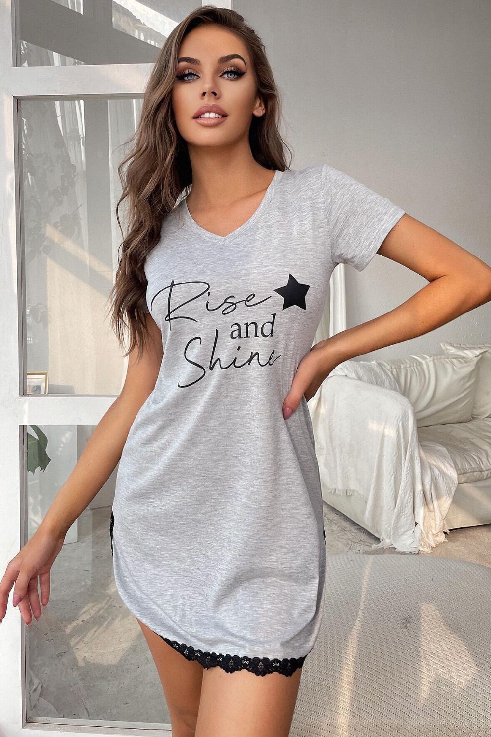 RISE AND SHINE Contrast Lace V-Neck T-Shirt Dress Trendsi