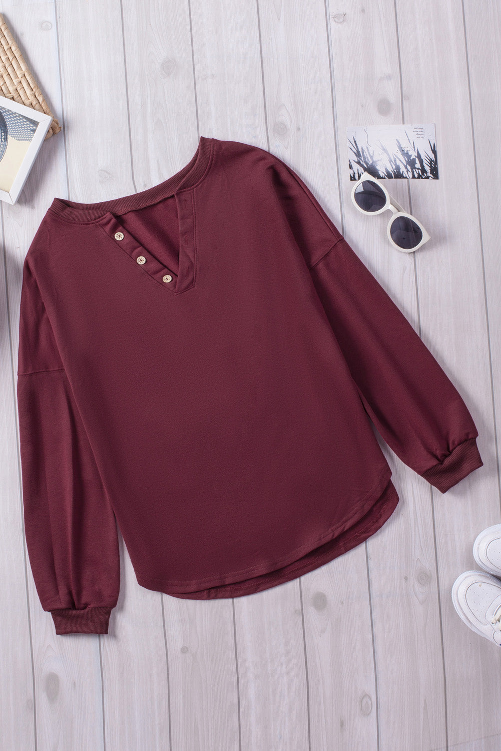 Button Detail Curved Hem Top - Wine / S Apparel & Accessories Girl Code