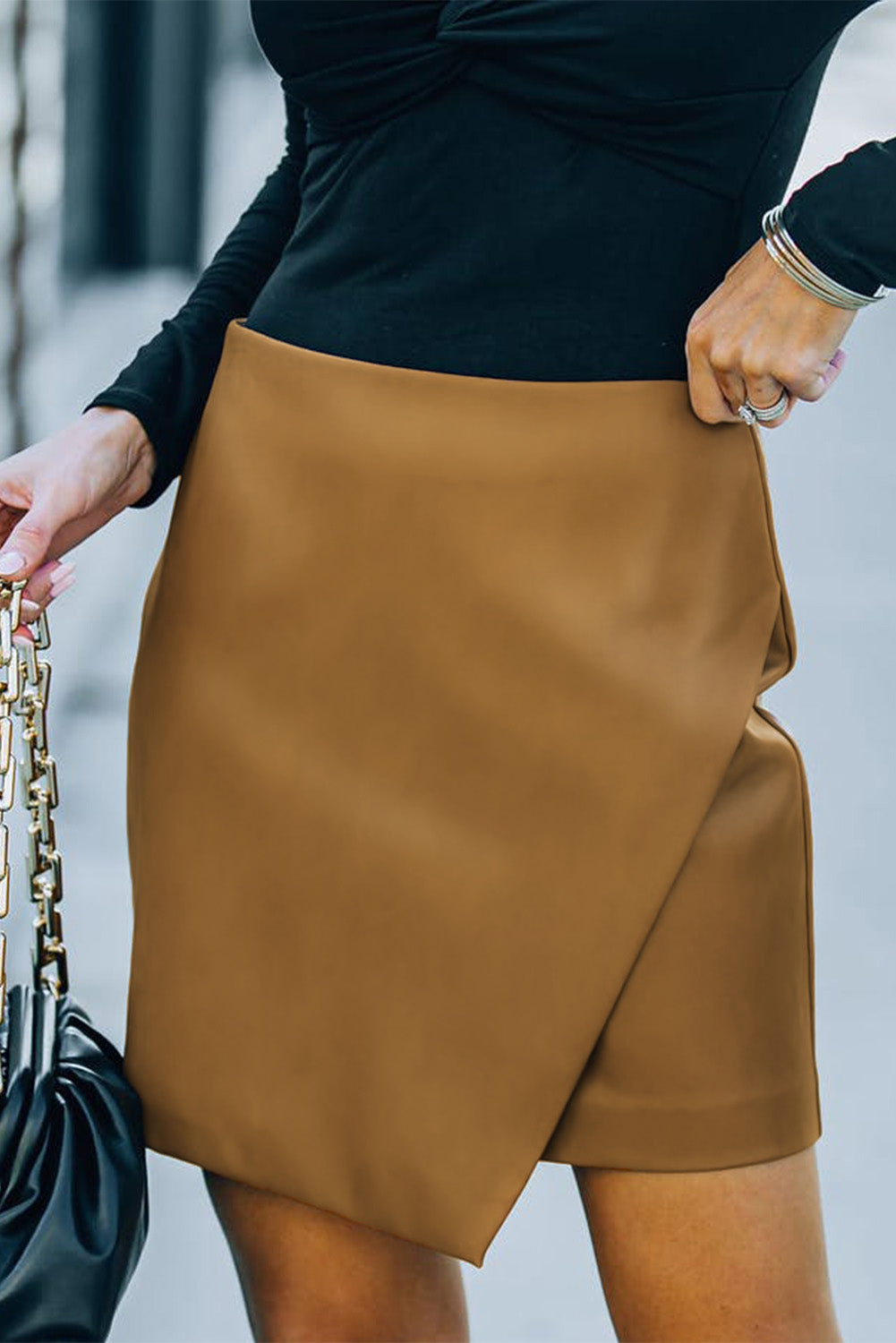 Asymmetrical PU Leather Mini Skirt - Brown / S bottoms Girl Code