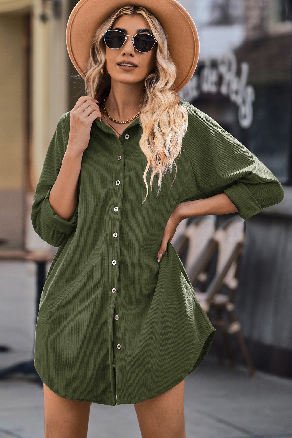 Button Front Curved Hem Raglan Sleeve Shirt Dress - Army Green / L Girl Code