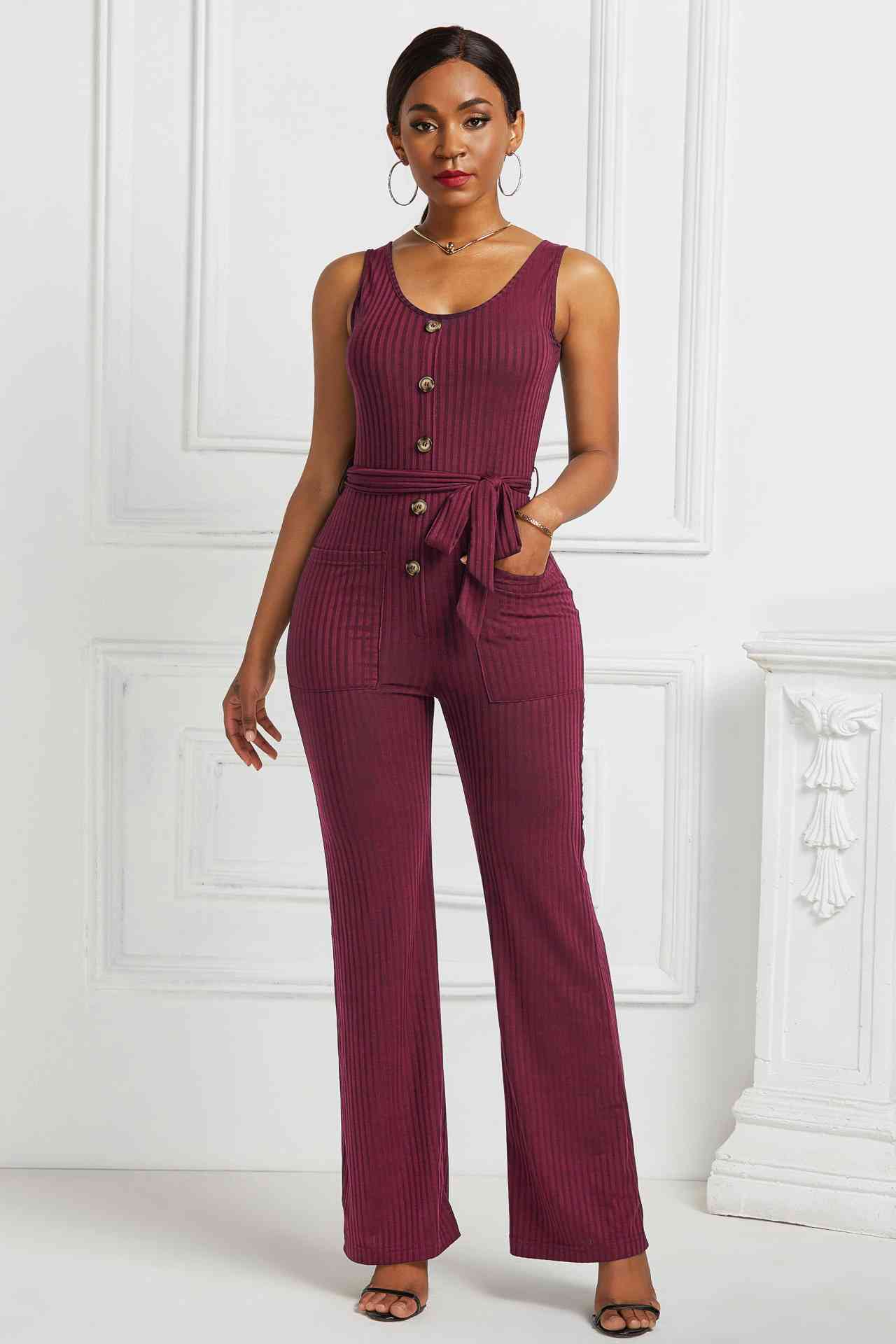 Button Detail Tie Waist Jumpsuit with Pockets - Wine / S Apparel & Accessories Girl Code
