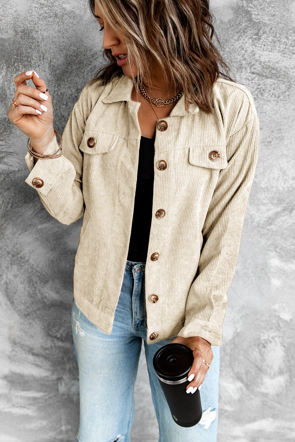 Corduroy Long Sleeve Jacket - Beige / M Apparel & Accessories Girl Code