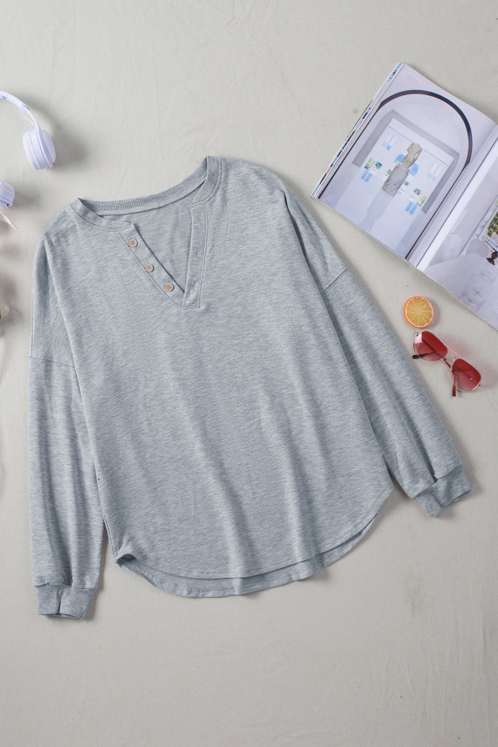 Button Detail Curved Hem Top - Gray / XL Apparel & Accessories Girl Code