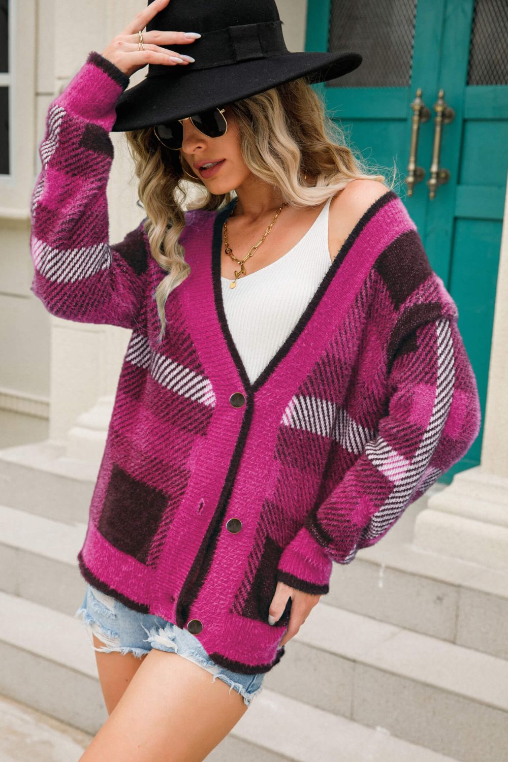 Striped Button-Front Fuzzy Cardigan Trendsi
