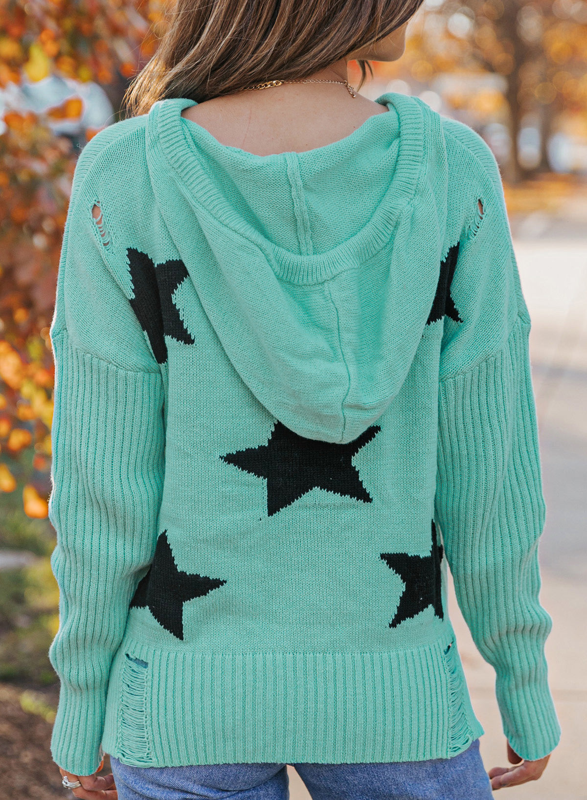 Star Distressed Slit Hooded Sweater Trendsi
