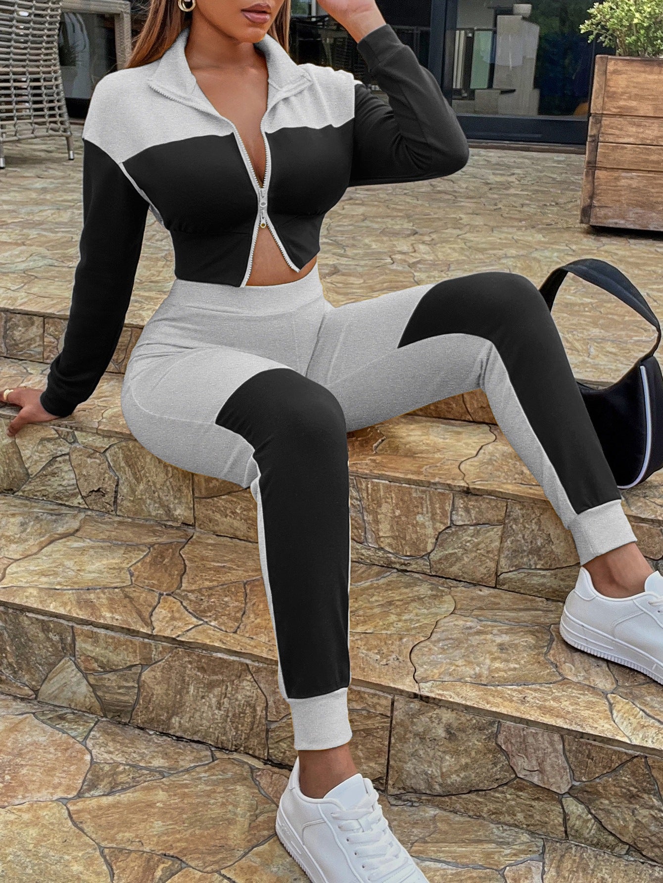Two-Tone Collared Neck Top and Joggers Set Trendsi
