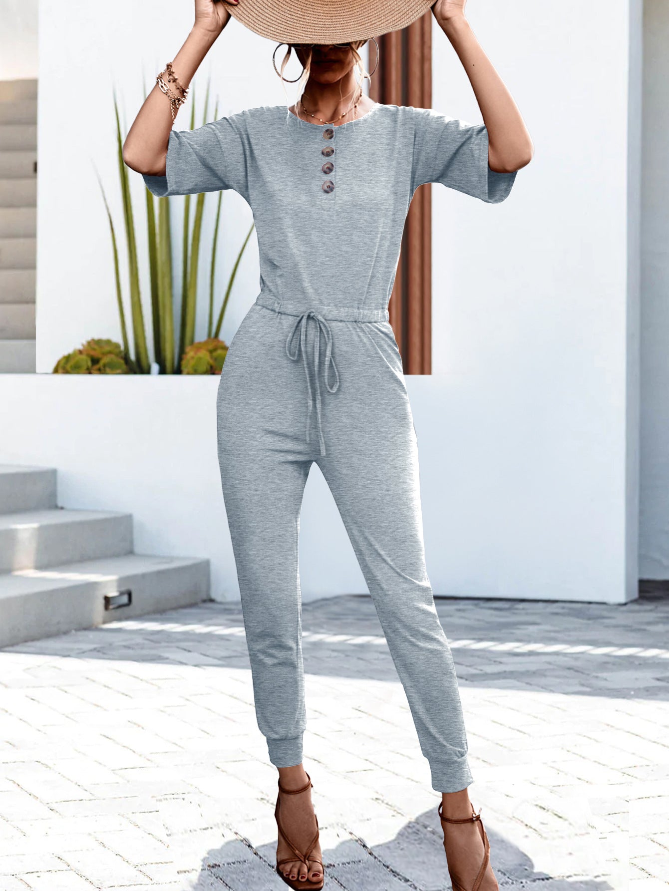 Buttoned Half Sleeve Round Neck Jumpsuit - Gray Dawn / S Girl Code