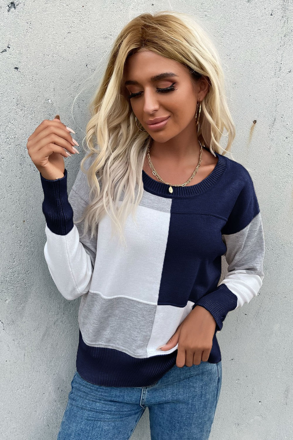 Color Block Ribbed Trim Round Neck Knit Pullover - Navy / S Girl Code