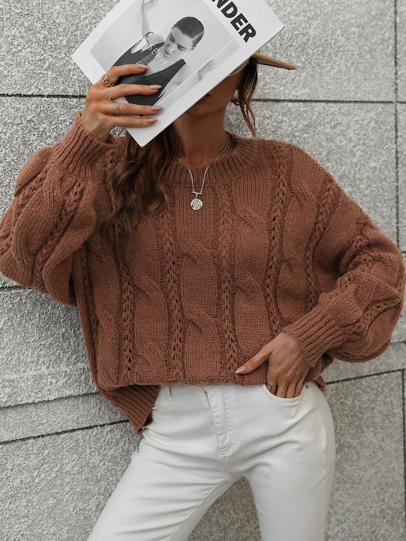 Cable-Knit Openwork Round Neck Sweater - Girl Code